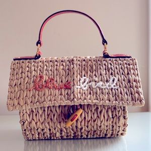 Kate Spade New York Blue Bird Straw Birdhouse Wicker Red Leather Purse Handbags